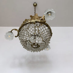 French Ornate Antique Gilt Basket Chandelier with Frosted Floral Shades