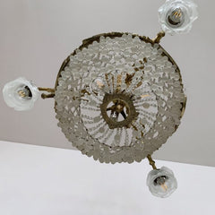 French Ornate Antique Gilt Basket Chandelier with Frosted Floral Shades