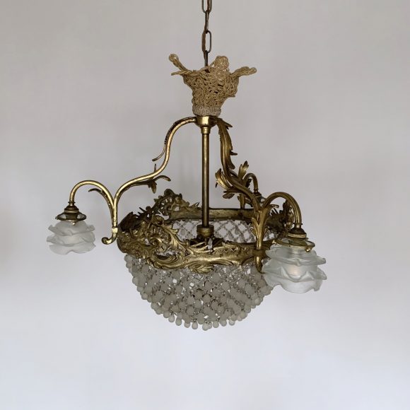 French Ornate Gilt Basket Chandelier with Frosted Floral Shades