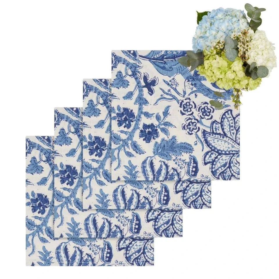 Set of 4 Blue & White Floral Table Napkins | Cass By JJ