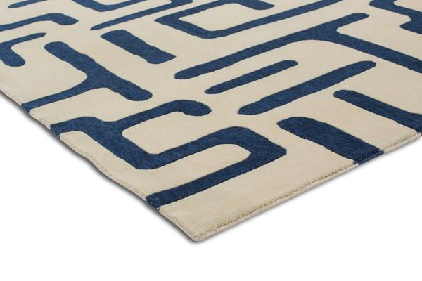 Hand Knotted New Zealand Wool 80 Knots Sapphire Blue Maze Pattern Kuba Rug