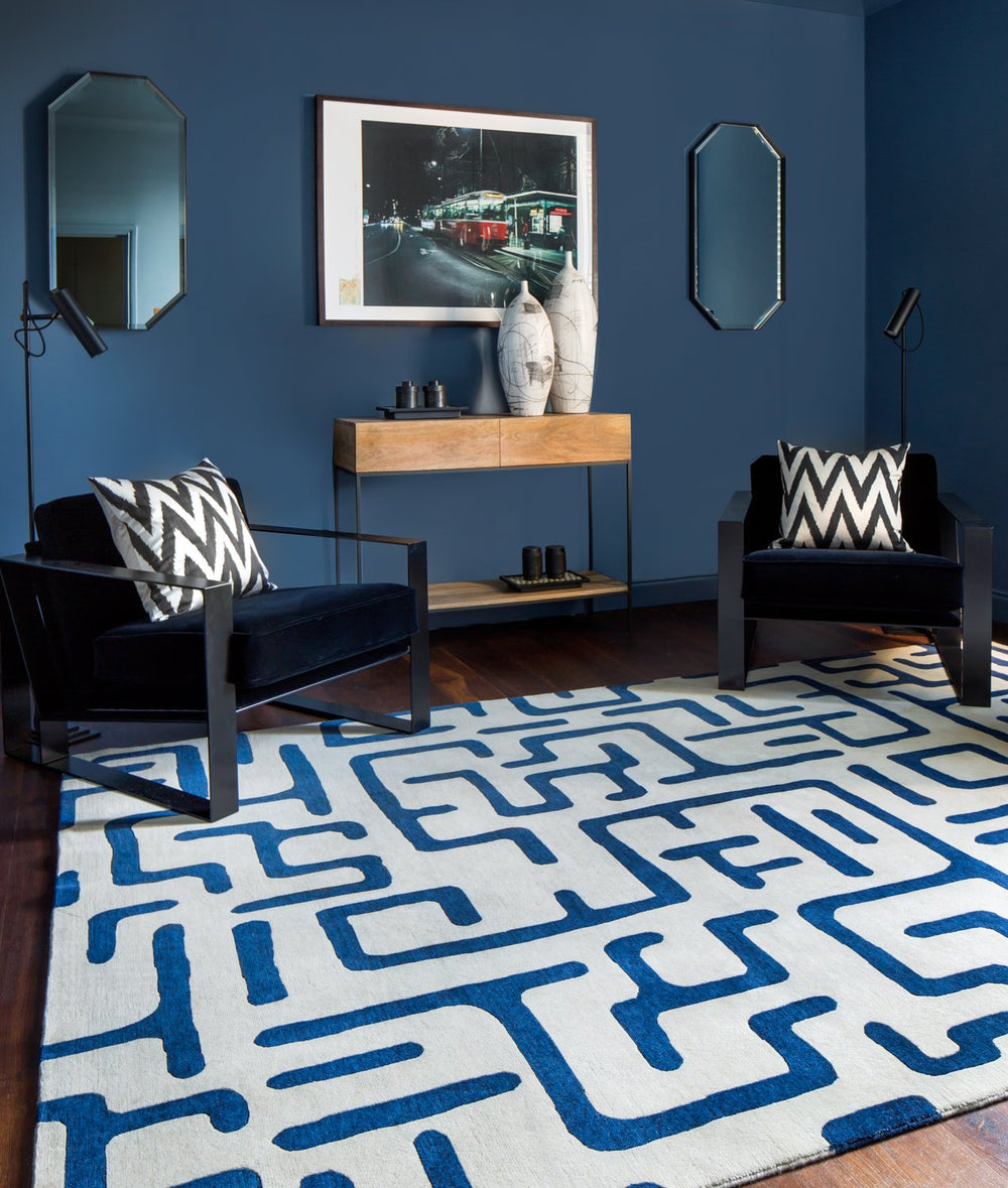 Hand Knotted New Zealand Wool 80 Knots Sapphire Blue Maze Pattern Kuba Rug