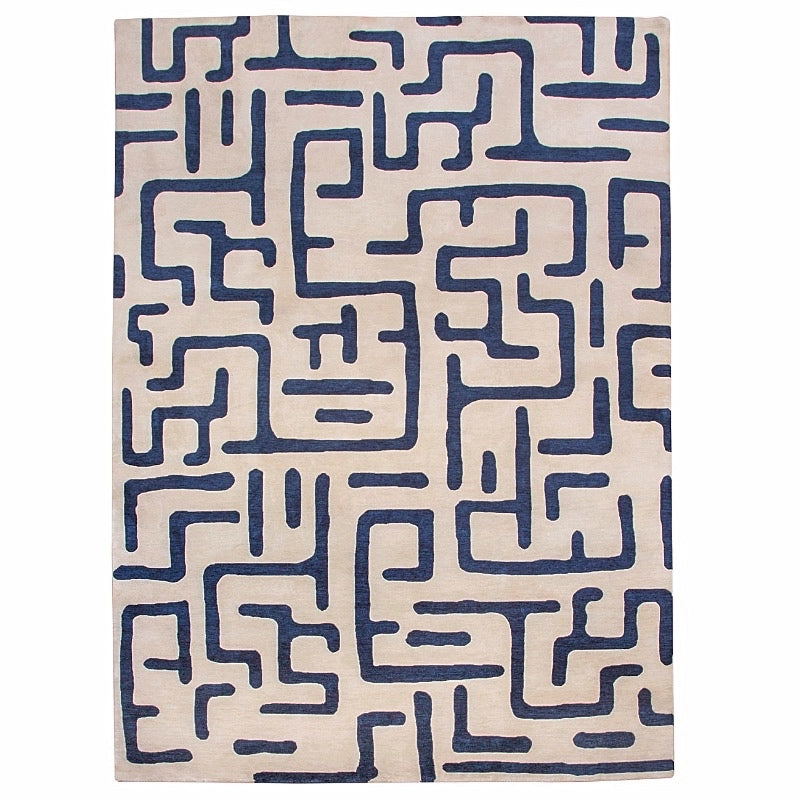 Hand Knotted New Zealand Wool 80 Knots Sapphire Blue Maze Pattern Kuba Rug