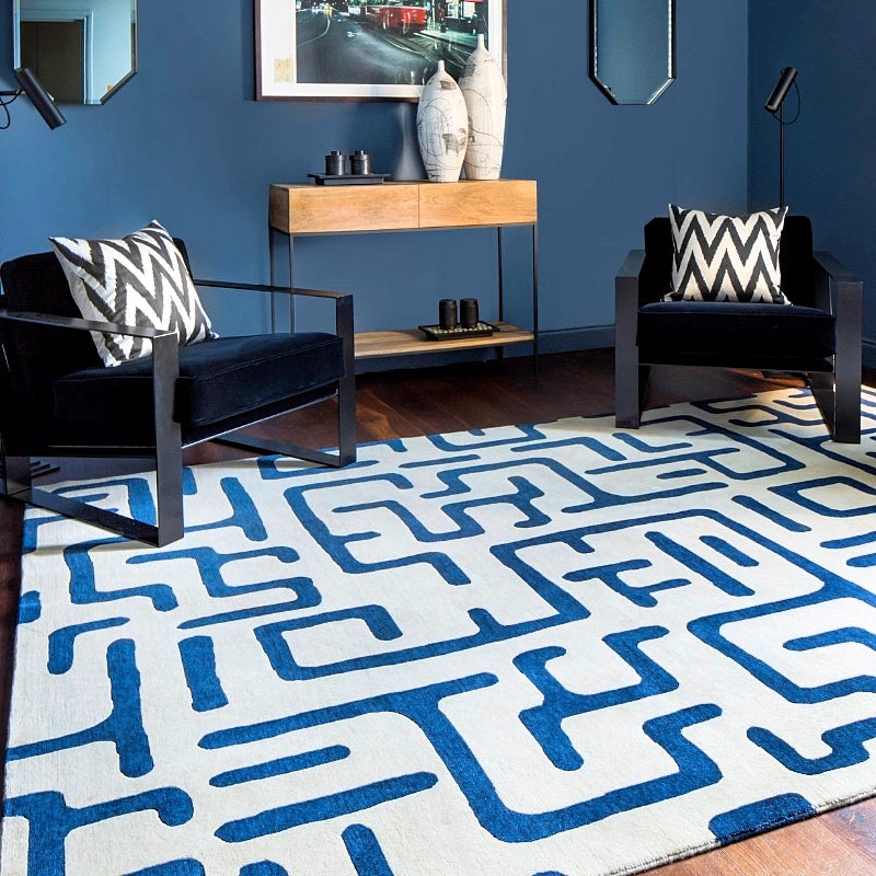 Hand Knotted New Zealand Wool 80 Knots Sapphire Blue Maze Pattern Kuba Rug