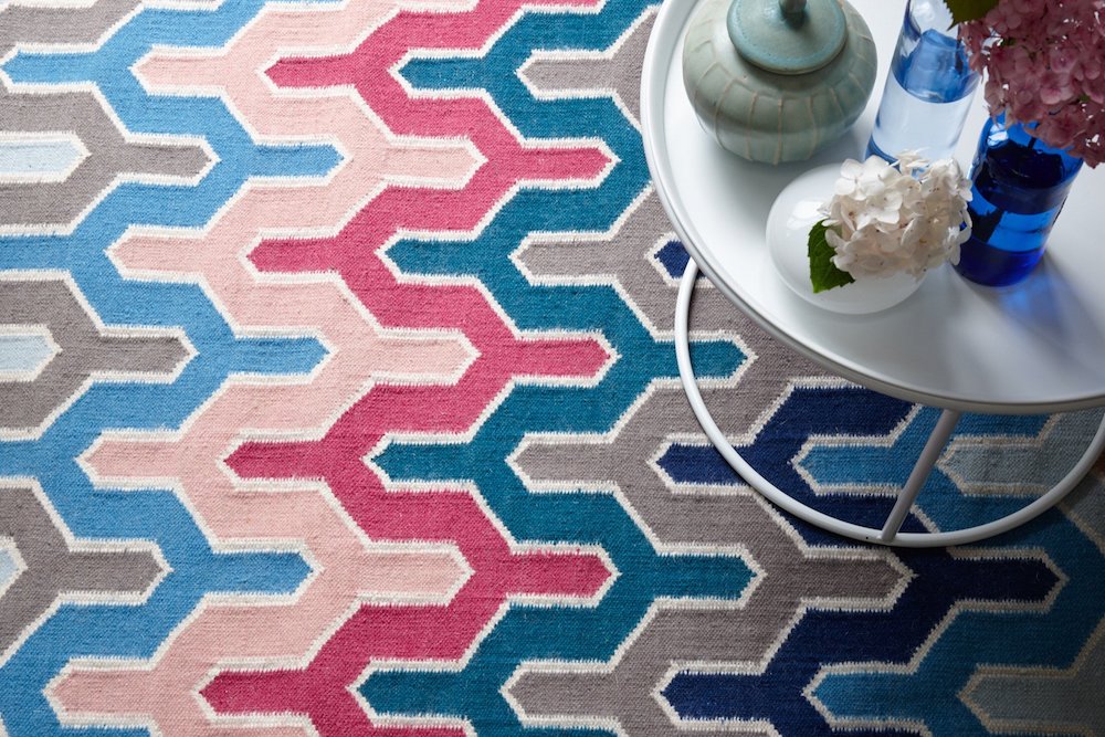 Handwoven New Zealand Wool Berry Multicoloured Flame Like Patterned Rug Flamestitch