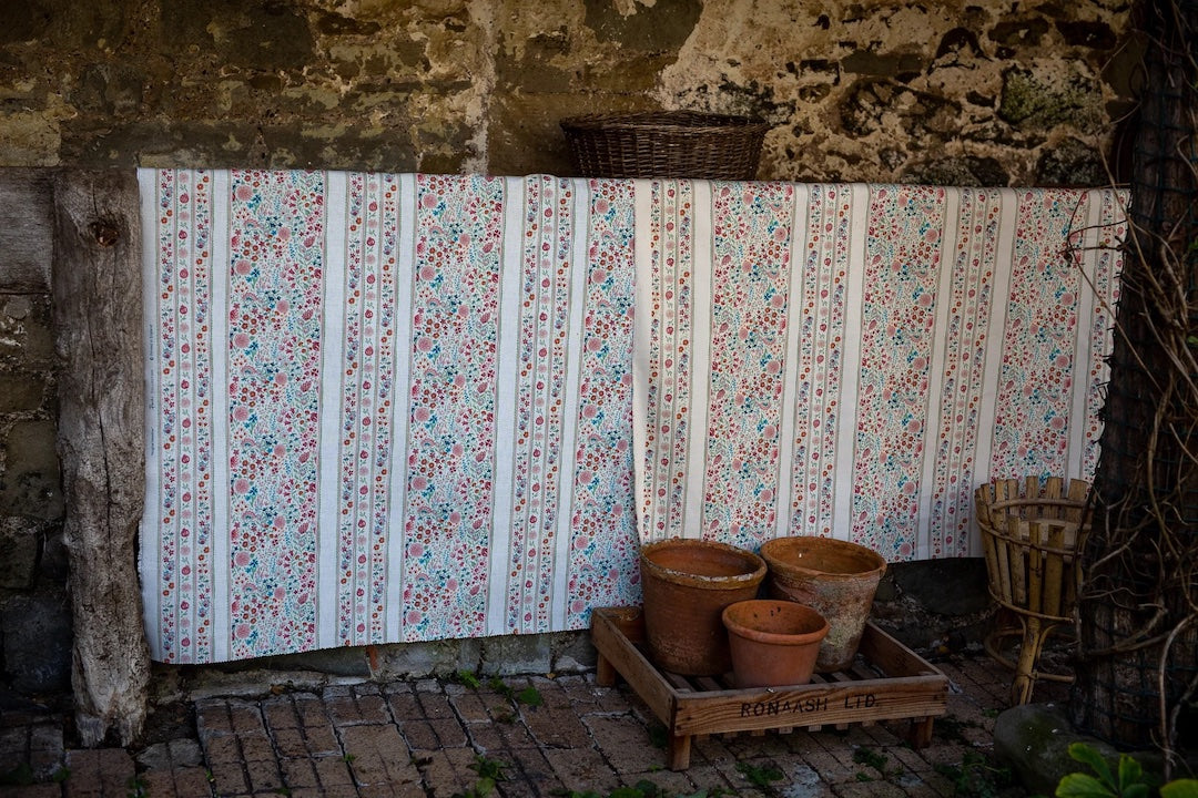 Moghul Meadow' Floral Striped Blue, Red & Green Cotton Fabric