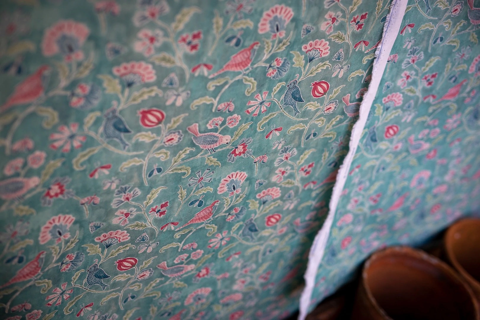 Suzani' Jade, Pink, Red & Blue Washed Floral Fabric