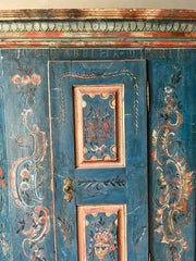 Impressive Antique  Folk Neo-Classical Marriage Cupboard/Armoire in Pink & Blue