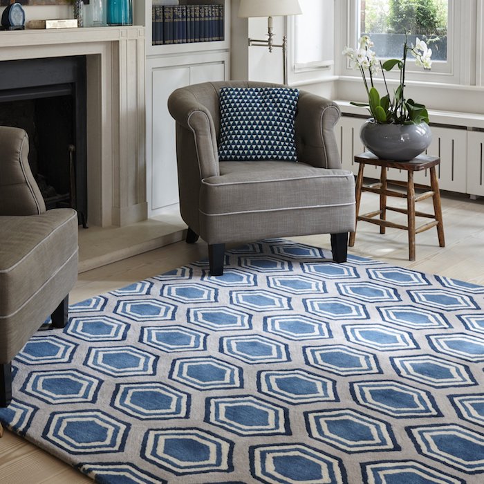 Hexagonal Design Handwoven New Zealand Wool Rug Jennifer Manners Blue and Grey Rug