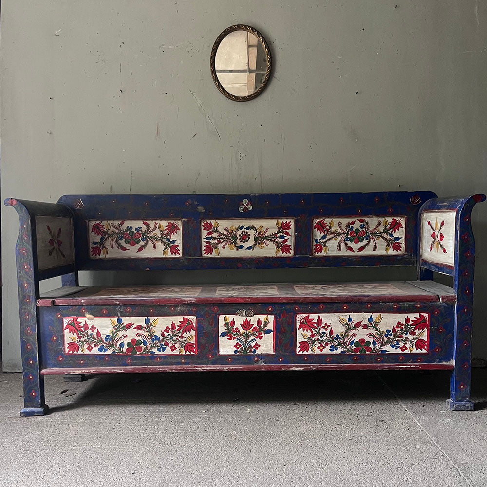 Antique Folk Art Painted Marriage Bench with Flowers on Blue | John Cornall