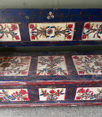 Antique Folk Art Painted Marriage Bench with Flowers on Blue | John Cornall