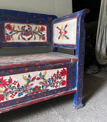 Antique Folk Art Painted Marriage Bench with Flowers on Blue | John Cornall