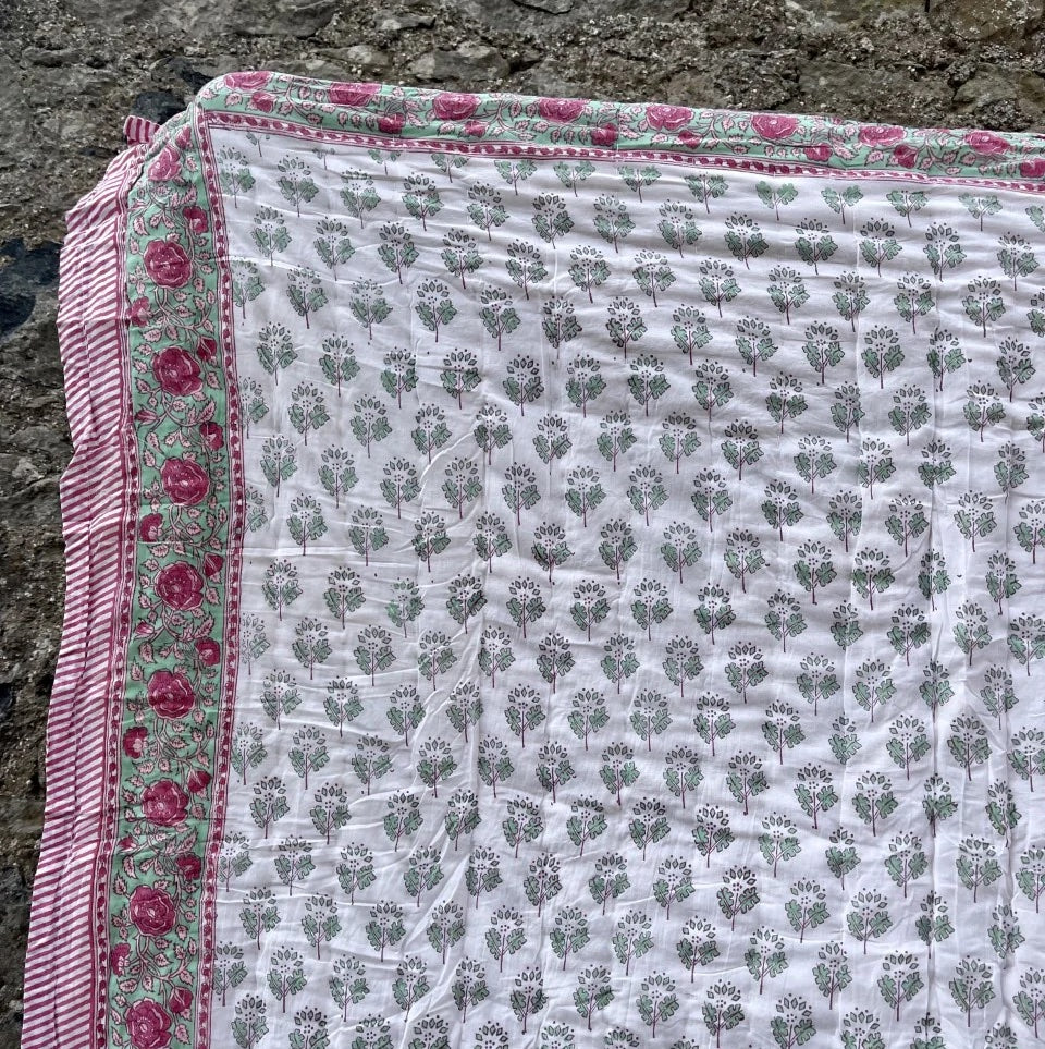 Kelpie' Handblock Printed Pink & Green Floral Quilt with Striped Border