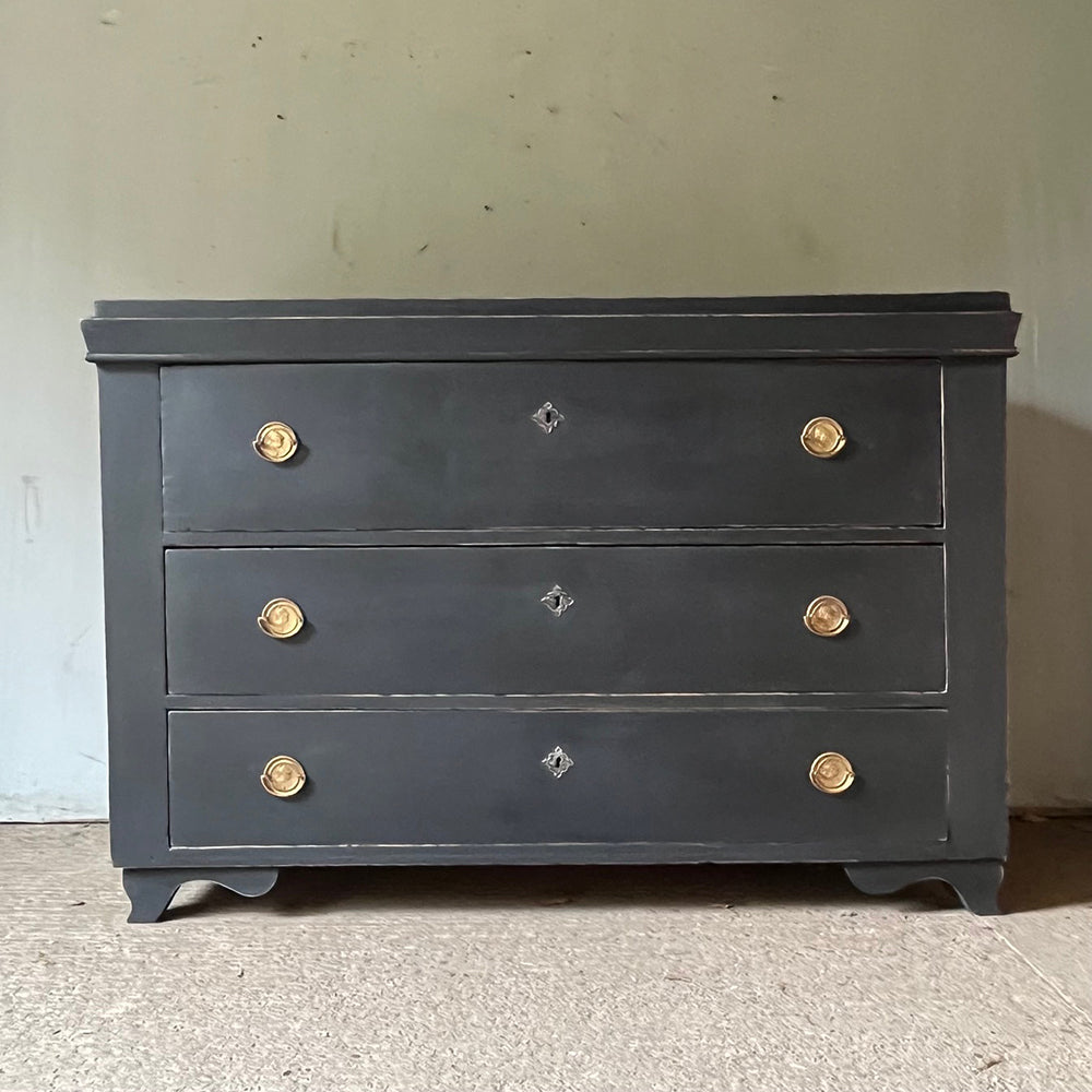 Large Antique Black Painted Pine Chest of Drawers
