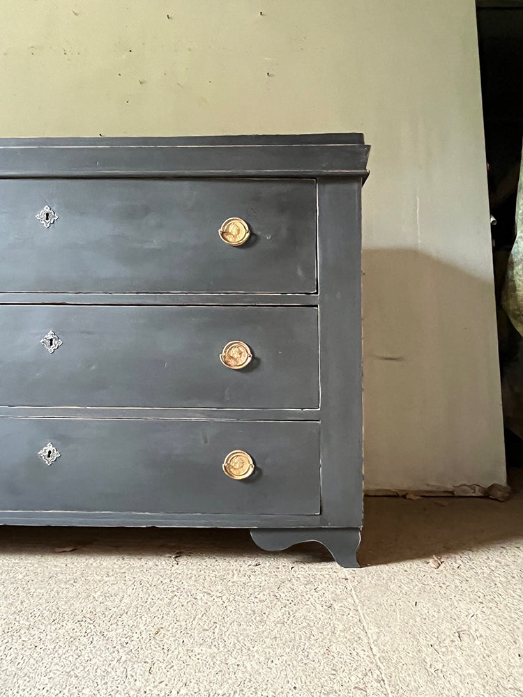 Large Antique Black Painted Pine Chest of Drawers