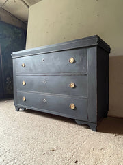 Large Antique Black Painted Pine Chest of Drawers