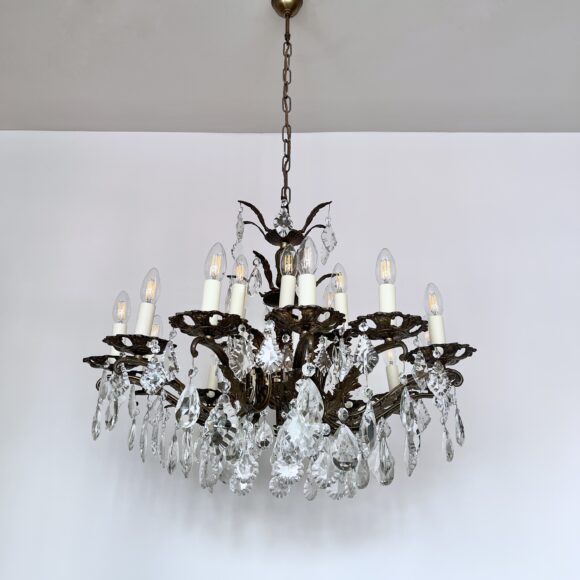 Large Antique Brass Chandelier with Cut Glass Pear Drops