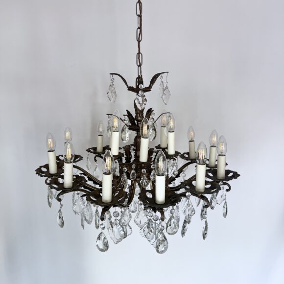 Large Antique Brass Chandelier with Cut Glass Pear Drops