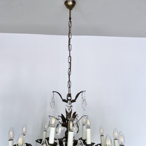 Large Antique Brass Chandelier with Cut Glass Pear Drops