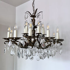 Large Antique Brass Chandelier with Cut Glass Pear Drops