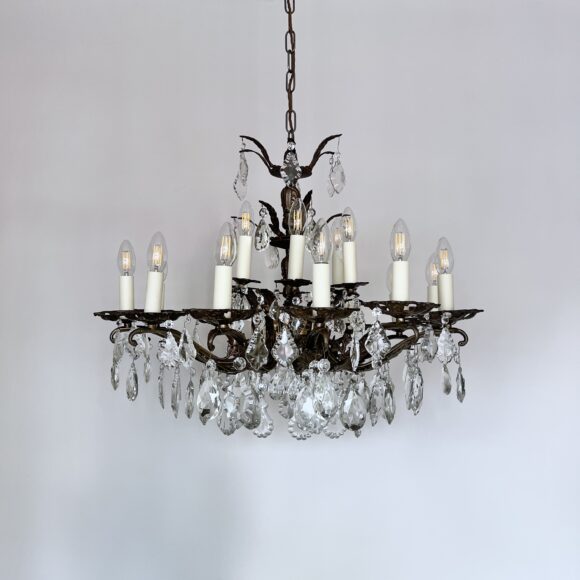 Large Antique Brass Chandelier with Cut Glass Pear Drops