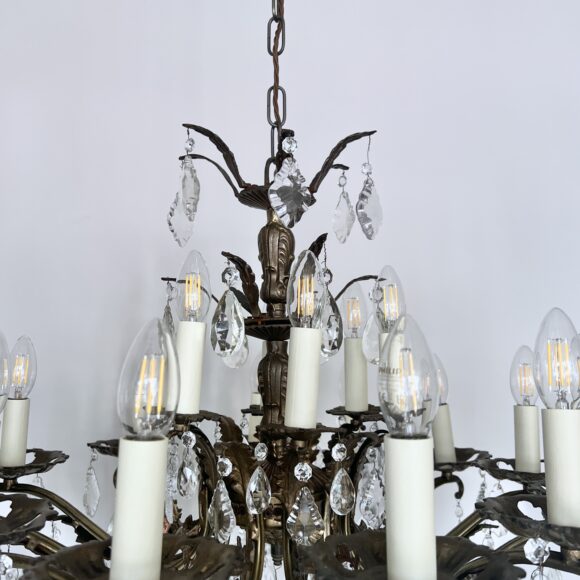 Large Antique Brass Chandelier with Cut Glass Pear Drops