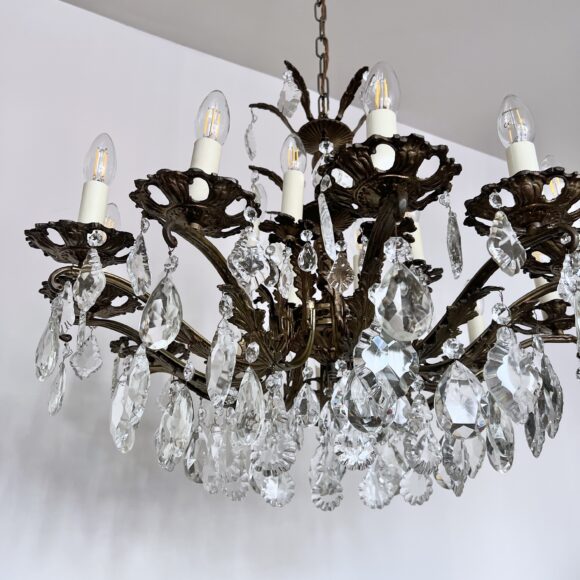 Large Antique Brass Chandelier with Cut Glass Pear Drops