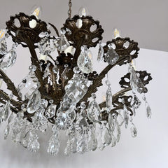 Large Antique Brass Chandelier with Cut Glass Pear Drops