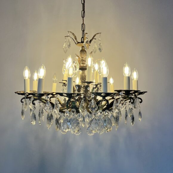 Large Antique Brass Chandelier with Cut Glass Pear Drops