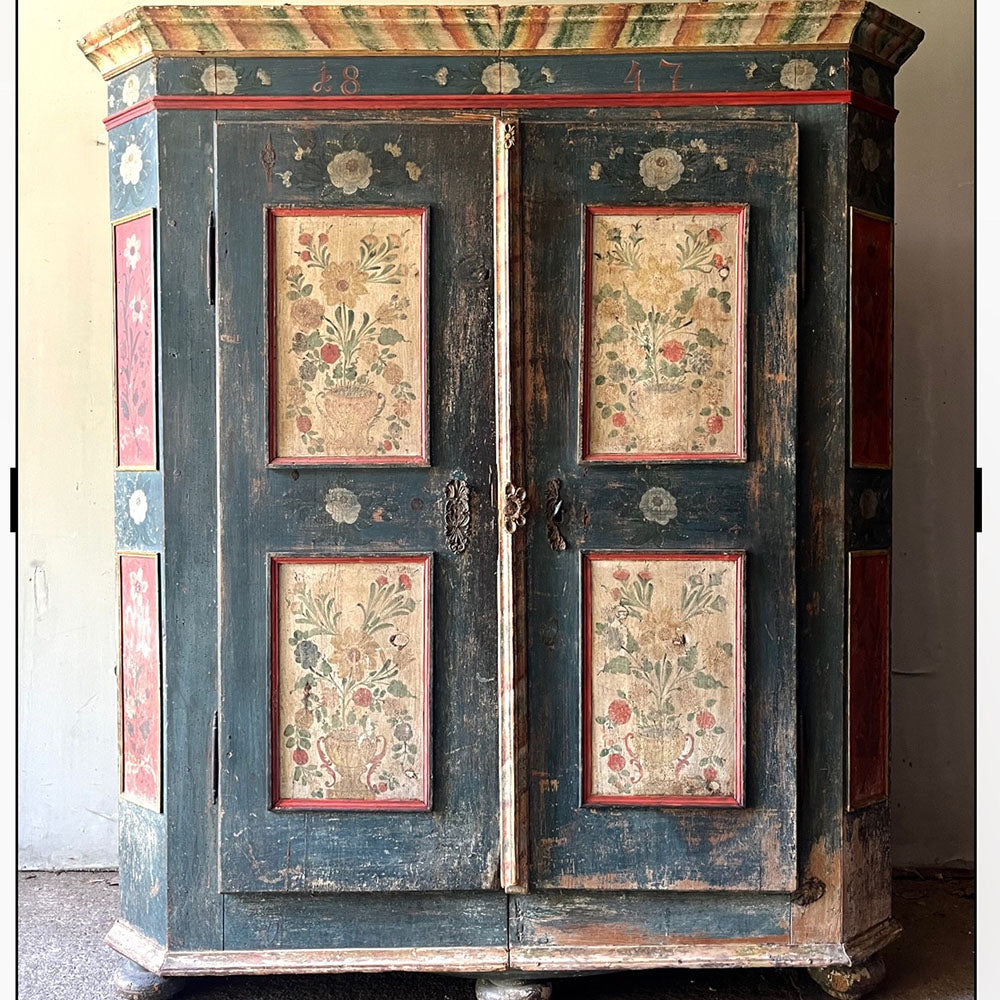Large Folk Art Painted Pine Marriage Cupboard with Roses on Blue & Cream