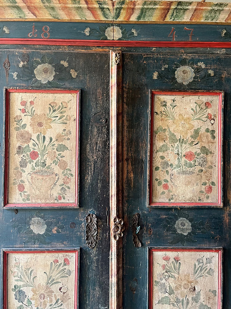 Large Folk Art Painted Pine Marriage Cupboard with Roses on Blue & Cream