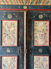 Large Folk Art Painted Pine Marriage Cupboard with Roses on Blue & Cream