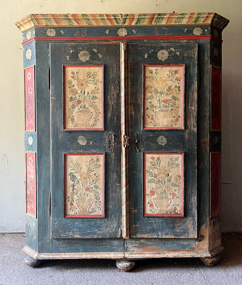 Large Folk Art Painted Pine Marriage Cupboard with Roses on Blue & Cream