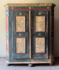Large Folk Art Painted Pine Marriage Cupboard with Roses on Blue & Cream