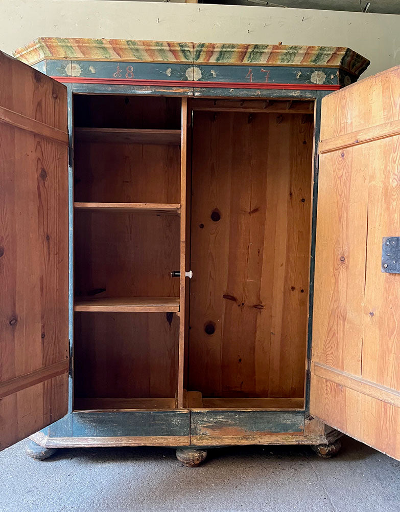 Large Folk Art Painted Pine Marriage Cupboard with Roses on Blue & Cream