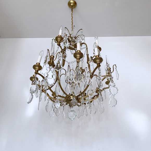 Large Antique French Louis XIV Style Chandelier with Large Glass Flat Leaf Drops