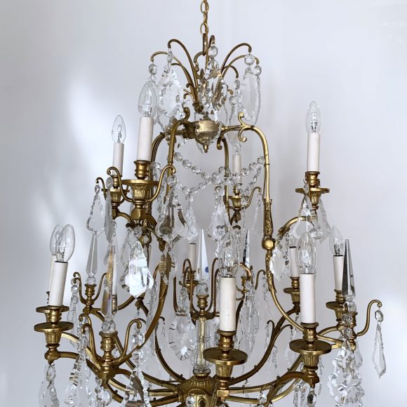 Large Antique French Louis XIV Style Chandelier with Large Glass Flat Leaf Drops