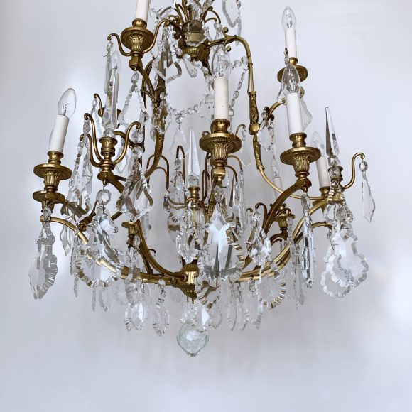 Large Antique French Louis XIV Style Chandelier with Large Glass Flat Leaf Drops