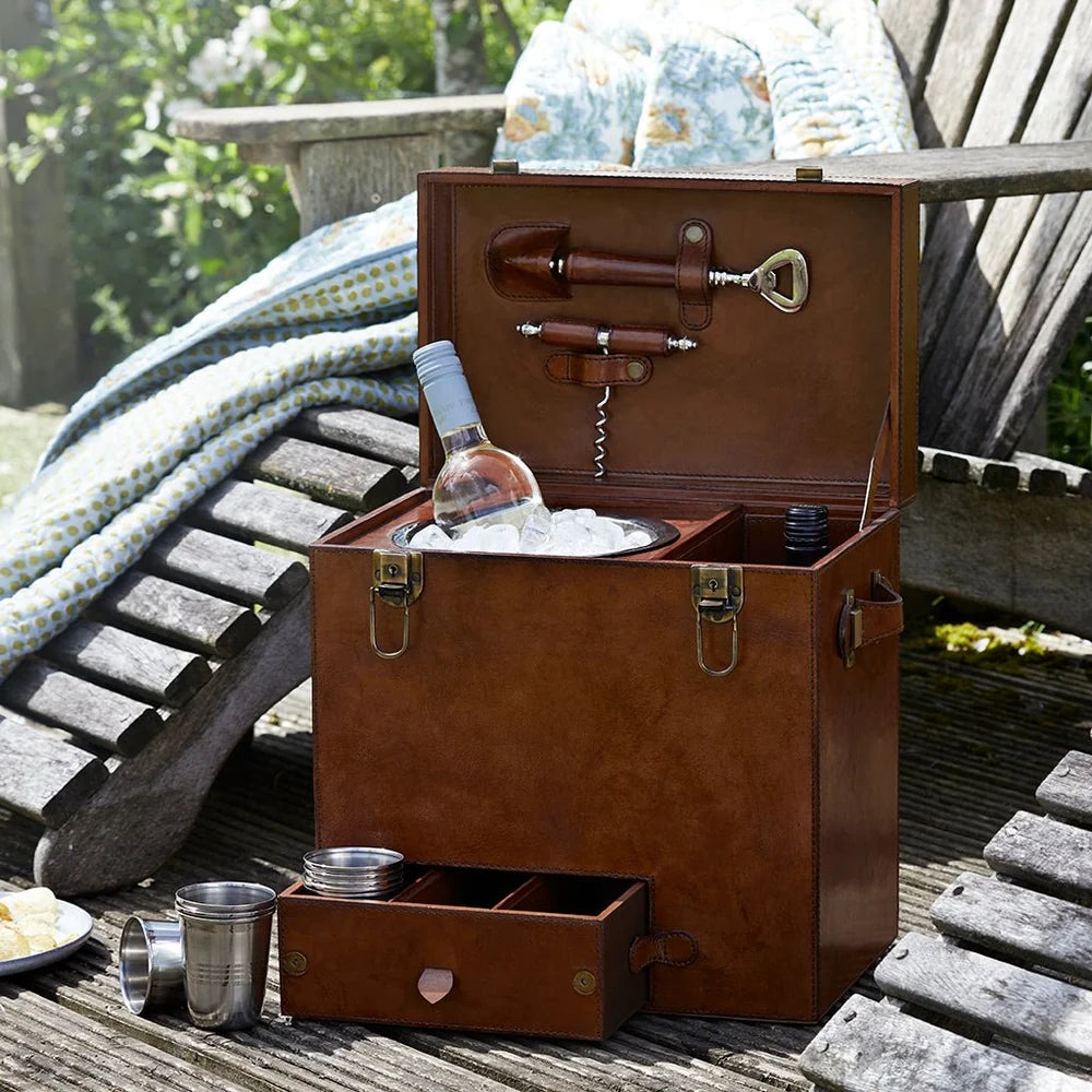 Leather Drinks Chest with Tools, Ice Bucket & Cups | Life of Riley 