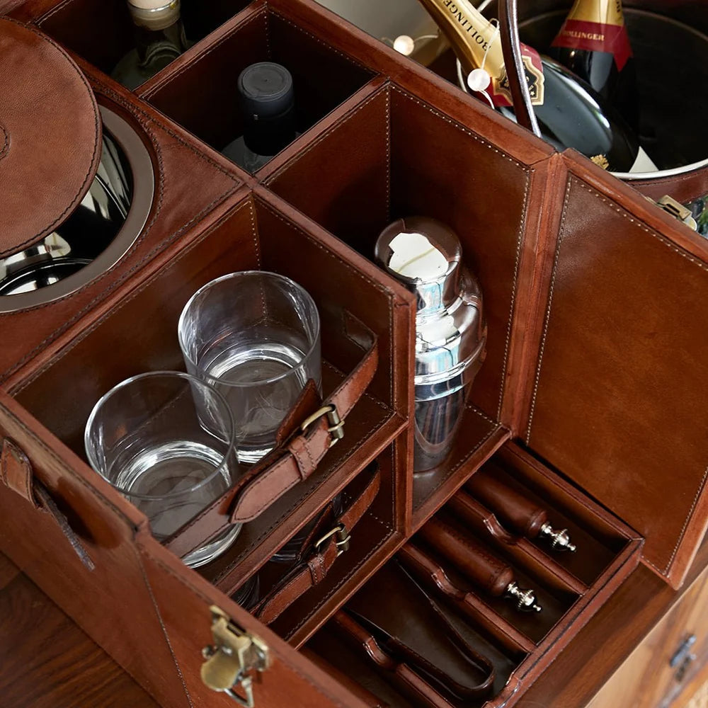 Leather Mixology Drinks Chest with Tools, Ice Bucket & Glasses | Life of Riley 