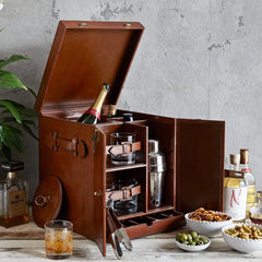 Leather Mixology Drinks Chest with Tools, Ice Bucket & Glasses | Life of Riley 