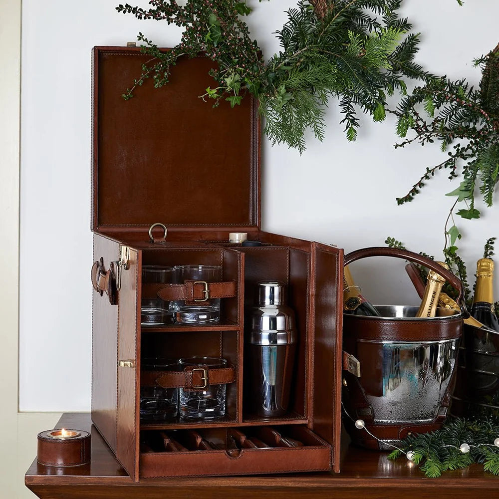 Leather Mixology Drinks Chest with Tools, Ice Bucket & Glasses | Life of Riley 