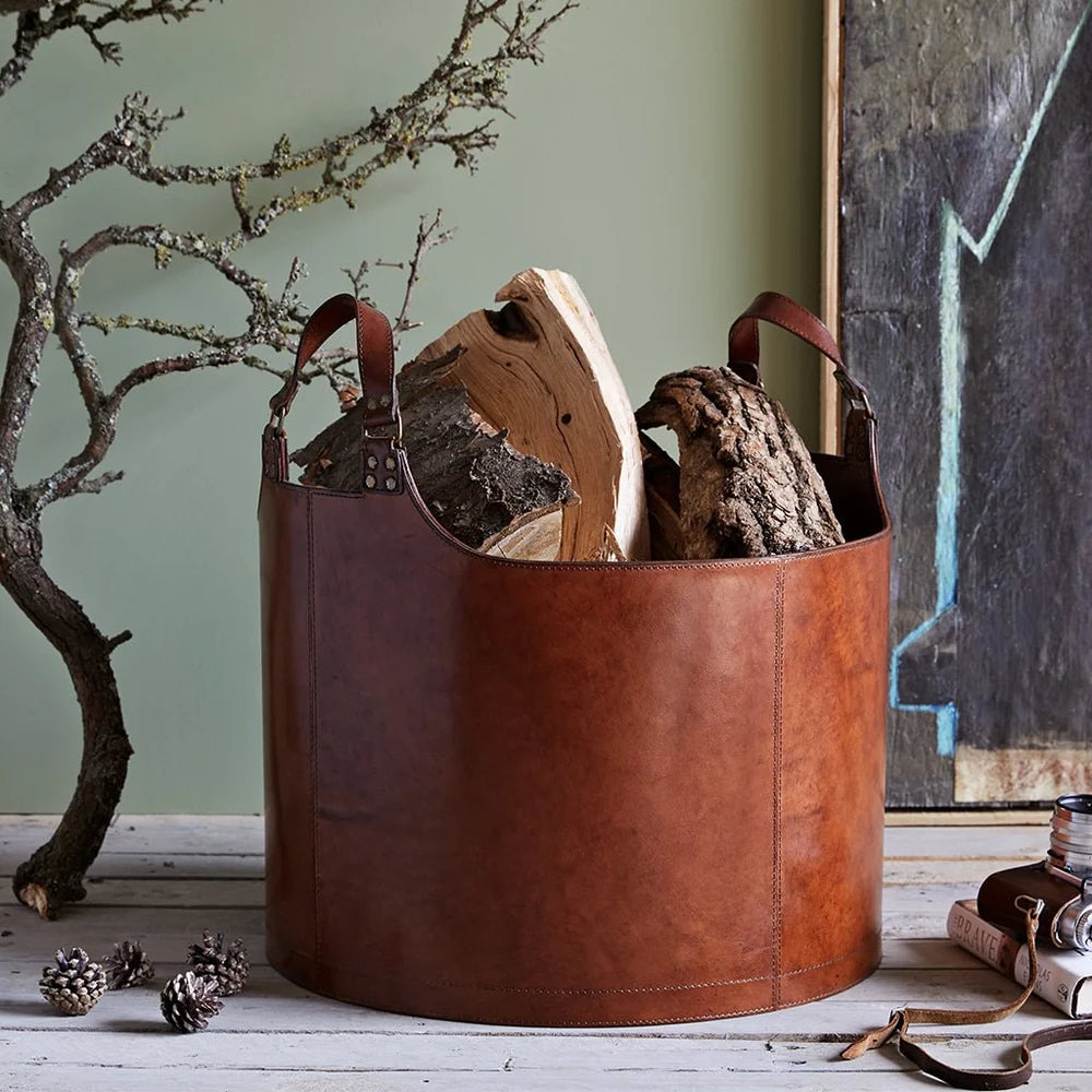 Large Leather Round Log Basket | Life of Riley 