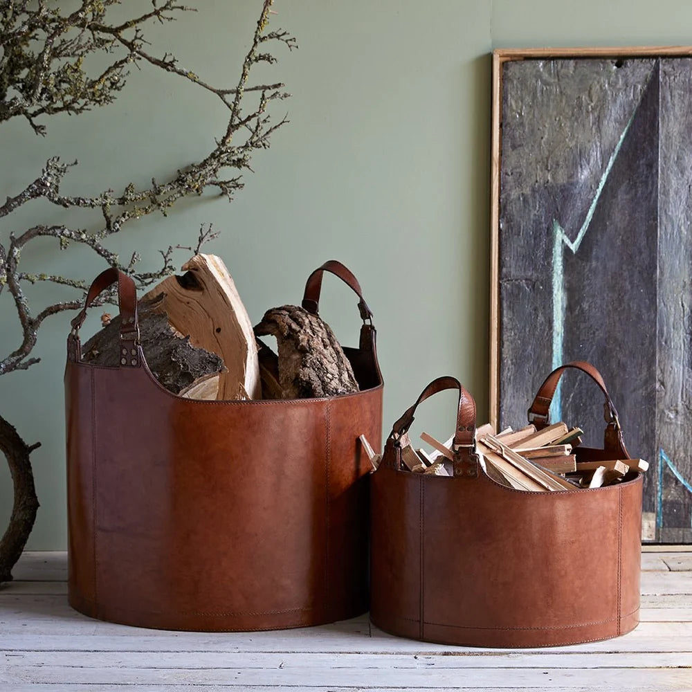 Large Leather Round Log Basket | Life of Riley 