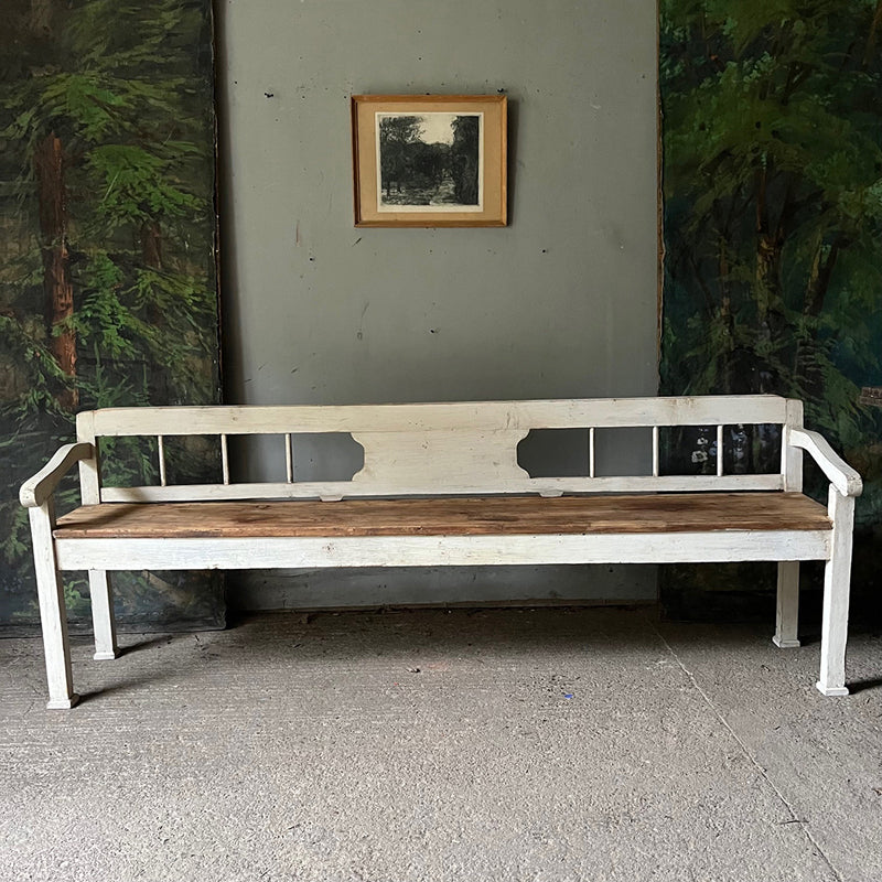 Long Antique Pine & Oak Bench In Original Paint