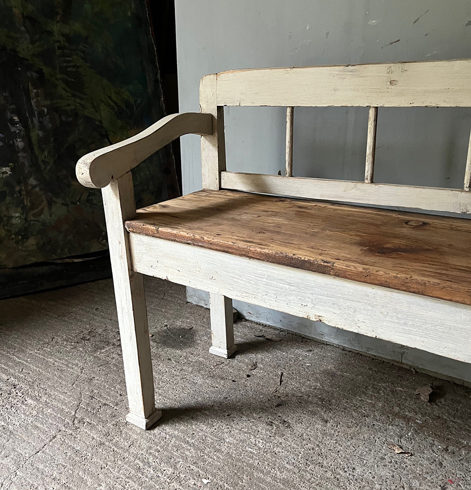 Long Antique Pine & Oak Bench In Original Paint