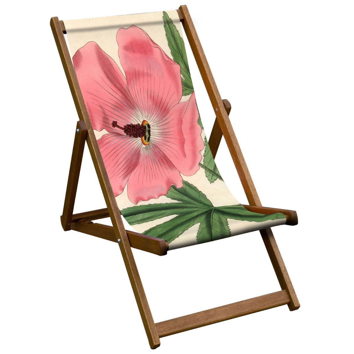 Vintage Inspired Wooden Deckchair with Splendid Hibiscus Botanical Design