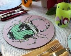 Melamine Eucalyptus Cork Printed Beetle Green Pink Patterned Placemat