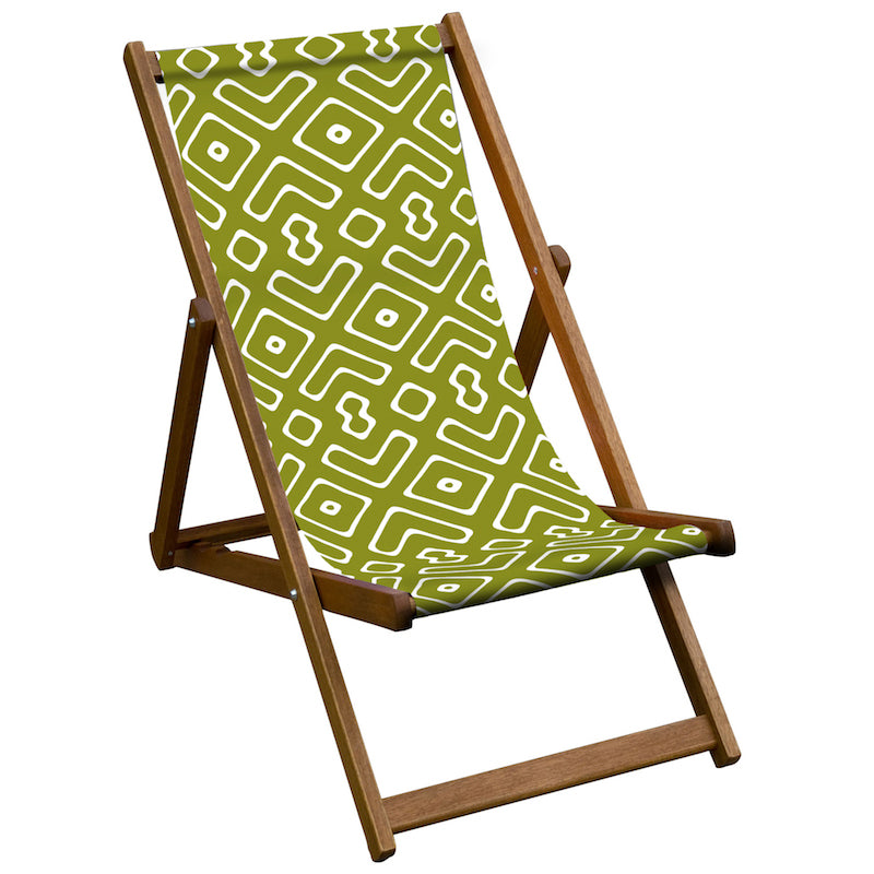 Vintage Inspired Wooden Deckchair - Abstract Green Sling