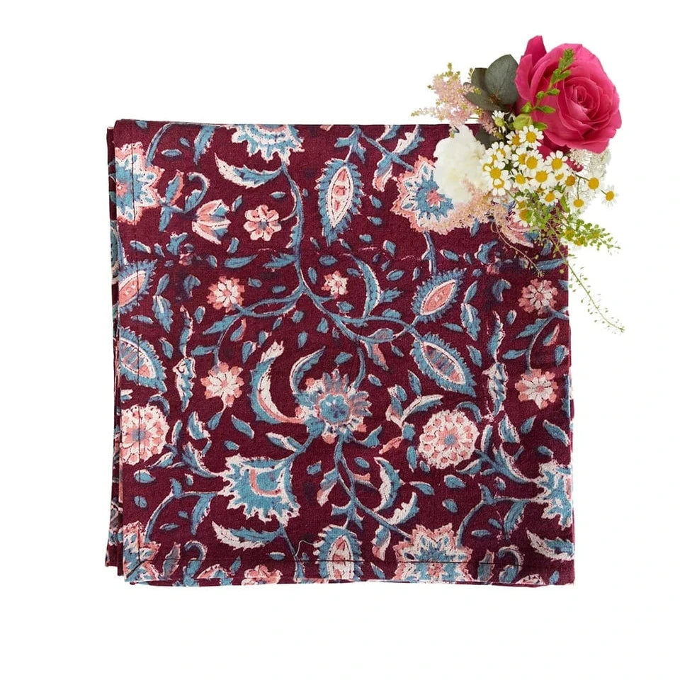 Set of 4 Maroon Floral Table Napkins | Cass By JJ